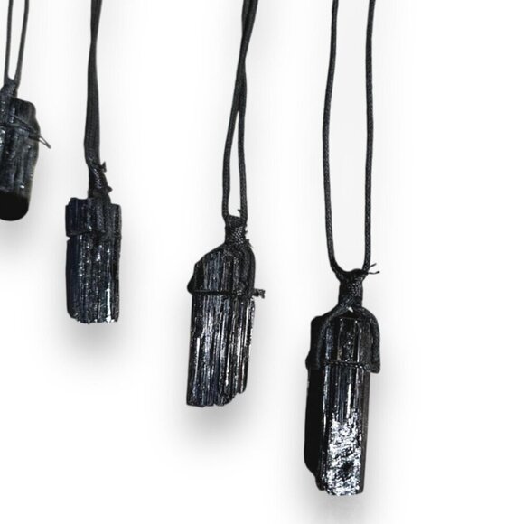 Black Tourmaline Natural Chunk Pendant Necklace w Velvet Cord 2.25" Size Crystal - Picture 3 of 11